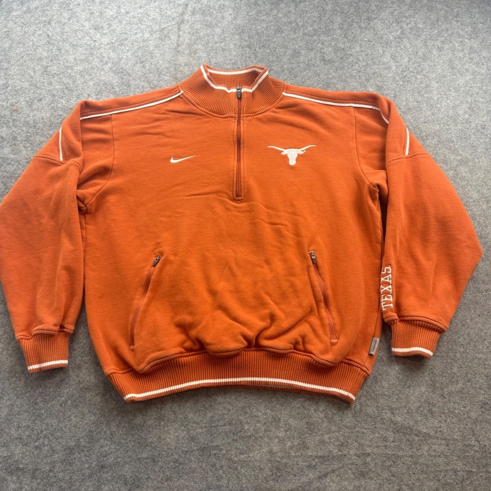 VTG Nike Texas Longhorns Mens M Orange 1/4 Zip Fleece Pullover Sweater NCAA